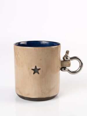 Metal Kulplu Kahve ve Çay Mug Bej, Kobalt Yıldızlı 270ml