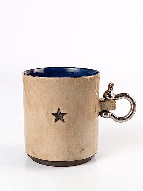 Metal Kulplu Kahve ve Çay Mug Bej, Kobalt Yıldızlı 270ml